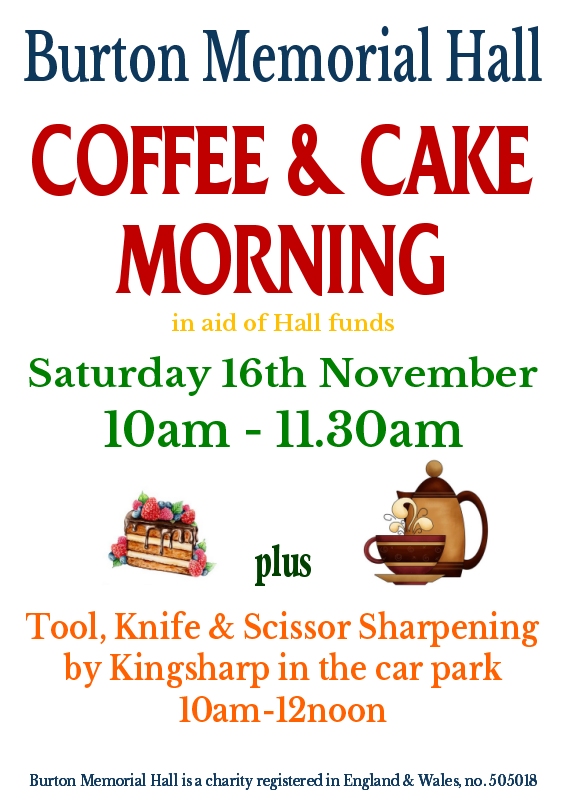 Mid-monthly coffee morning Sat 16th Nov 2024 at Burton Memorrial Hall